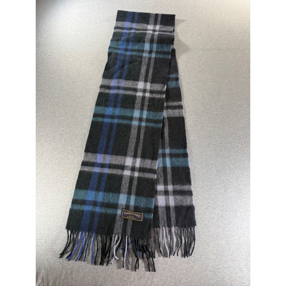 James Pringle Weavers 100% Wool Plaid Scarf Grey Blue Black Fringed Made in UK